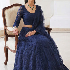 Blue Net Thread Work Wedding Lehenga