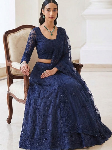 Blue Net Thread Work Wedding Lehenga