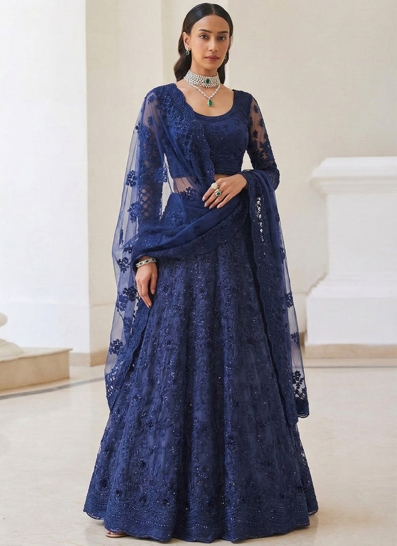 Blue Net Thread Work Wedding Lehenga