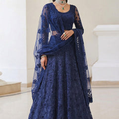 Blue Net Thread Work Wedding Lehenga