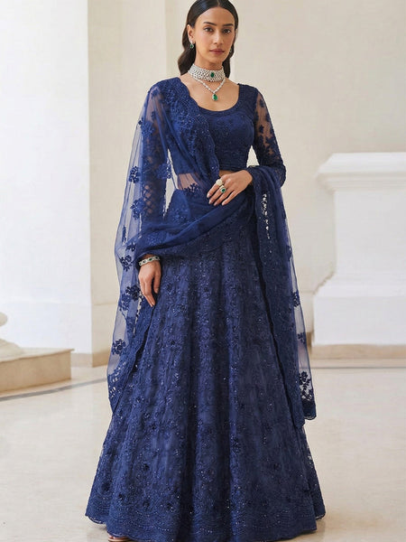 Blue Net Thread Work Wedding Lehenga