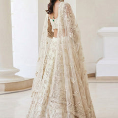 Off White Net Embroidered Wedding Lehenga