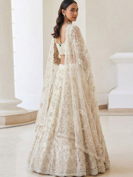 Off White Net Embroidered Wedding Lehenga