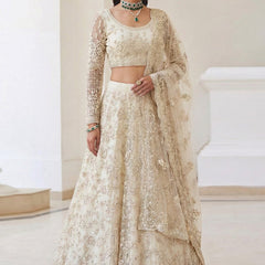 Off White Net Embroidered Wedding Lehenga