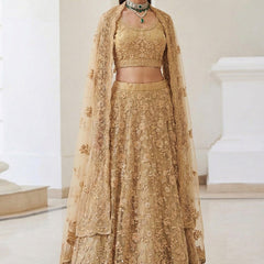 Beige Net Embroidered Wedding Lehenga