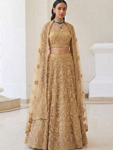 Beige Net Embroidered Wedding Lehenga