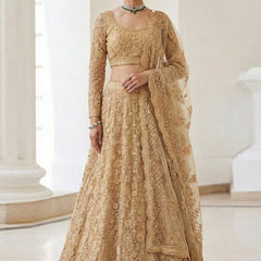 Beige Net Embroidered Wedding Lehenga