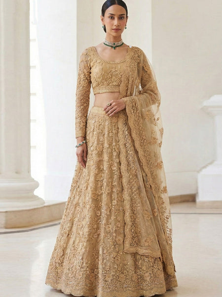 Beige Net Embroidered Wedding Lehenga