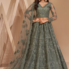 Lime Green Net Embroidery Designer Lehenga Choli