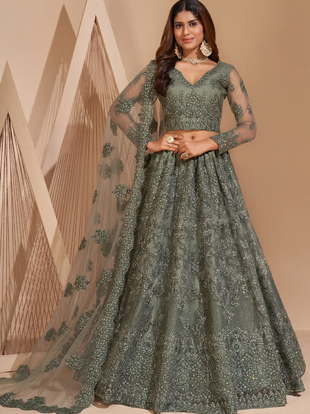 Lime Green Net Embroidery Designer Lehenga Choli