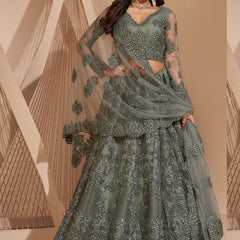 Lime Green Net Embroidery Designer Lehenga Choli