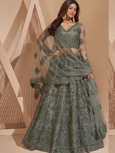 Lime Green Net Embroidery Designer Lehenga Choli