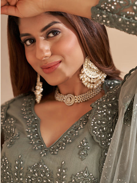 Lime Green Net Embroidery Designer Lehenga Choli