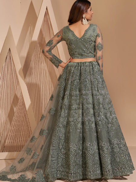 Lime Green Net Embroidery Designer Lehenga Choli