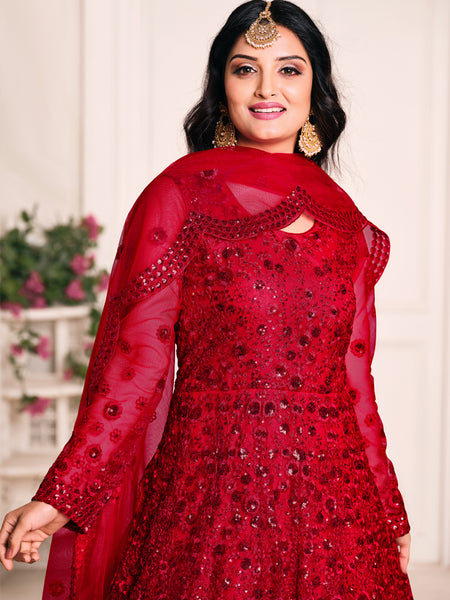 Red Net Emboidered Wedding Wear Anarkali Suit
