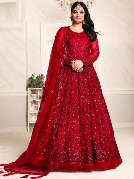 Red Net Emboidered Wedding Wear Anarkali Suit
