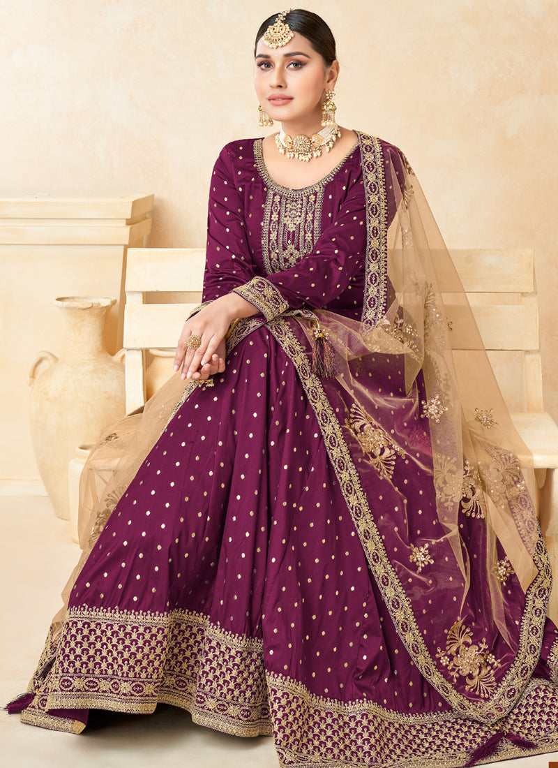 Designer Wine Tafeta Silk Embroidery Anarkali Suit
