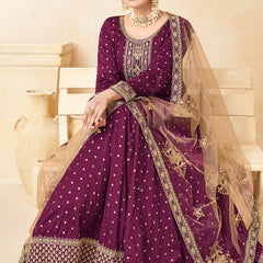 Designer Wine Tafeta Silk Embroidery Anarkali Suit