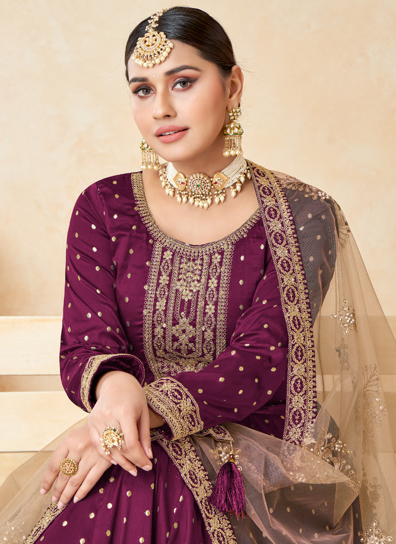 Designer Wine Tafeta Silk Embroidery Anarkali Suit