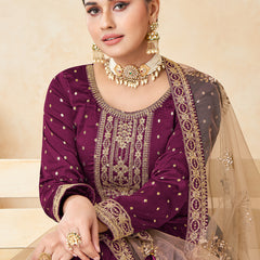 Designer Wine Tafeta Silk Embroidery Anarkali Suit