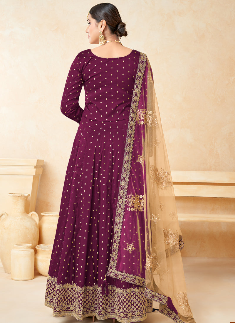 Designer Wine Tafeta Silk Embroidery Anarkali Suit