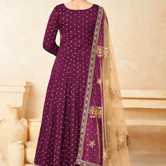 Designer Wine Tafeta Silk Embroidery Anarkali Suit