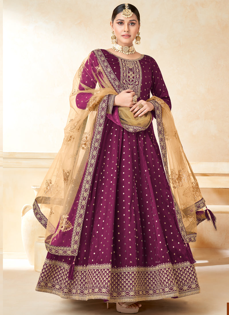 Designer Wine Tafeta Silk Embroidery Anarkali Suit
