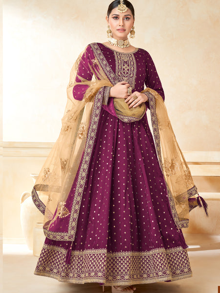 Designer Wine Tafeta Silk Embroidery Anarkali Suit