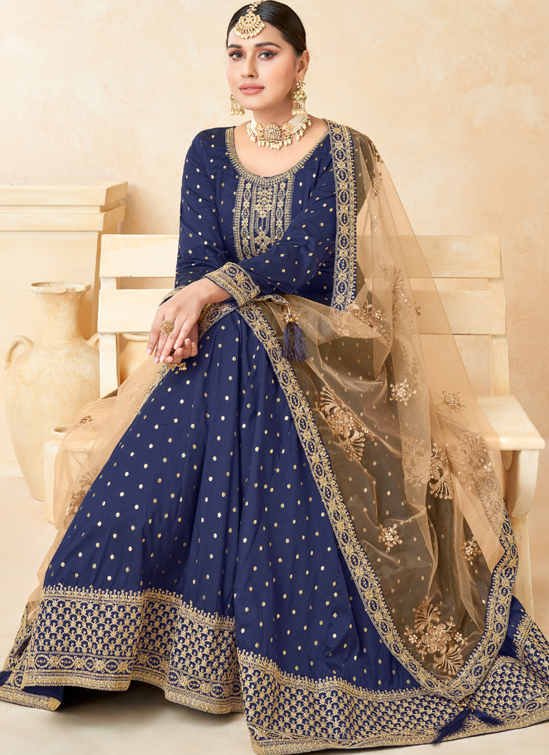 Designer Navy Blue Tafeta Silk Embroidery Anarkali Suit