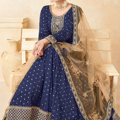 Designer Navy Blue Tafeta Silk Embroidery Anarkali Suit