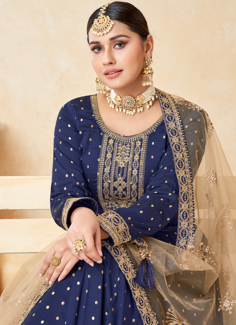 Designer Navy Blue Tafeta Silk Embroidery Anarkali Suit
