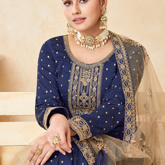 Designer Navy Blue Tafeta Silk Embroidery Anarkali Suit