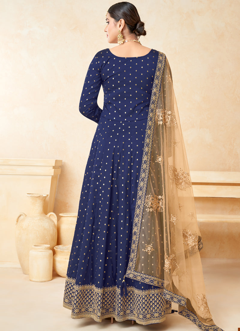 Designer Navy Blue Tafeta Silk Embroidery Anarkali Suit