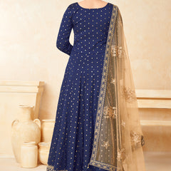 Designer Navy Blue Tafeta Silk Embroidery Anarkali Suit