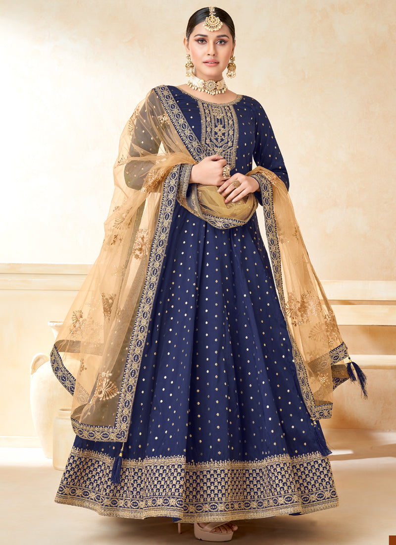 Designer Navy Blue Tafeta Silk Embroidery Anarkali Suit