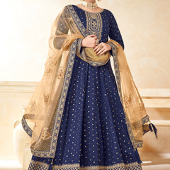 Designer Navy Blue Tafeta Silk Embroidery Anarkali Suit