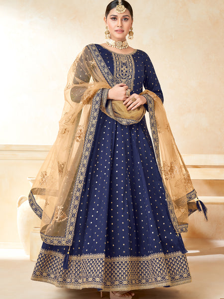 Designer Navy Blue Tafeta Silk Embroidery Anarkali Suit