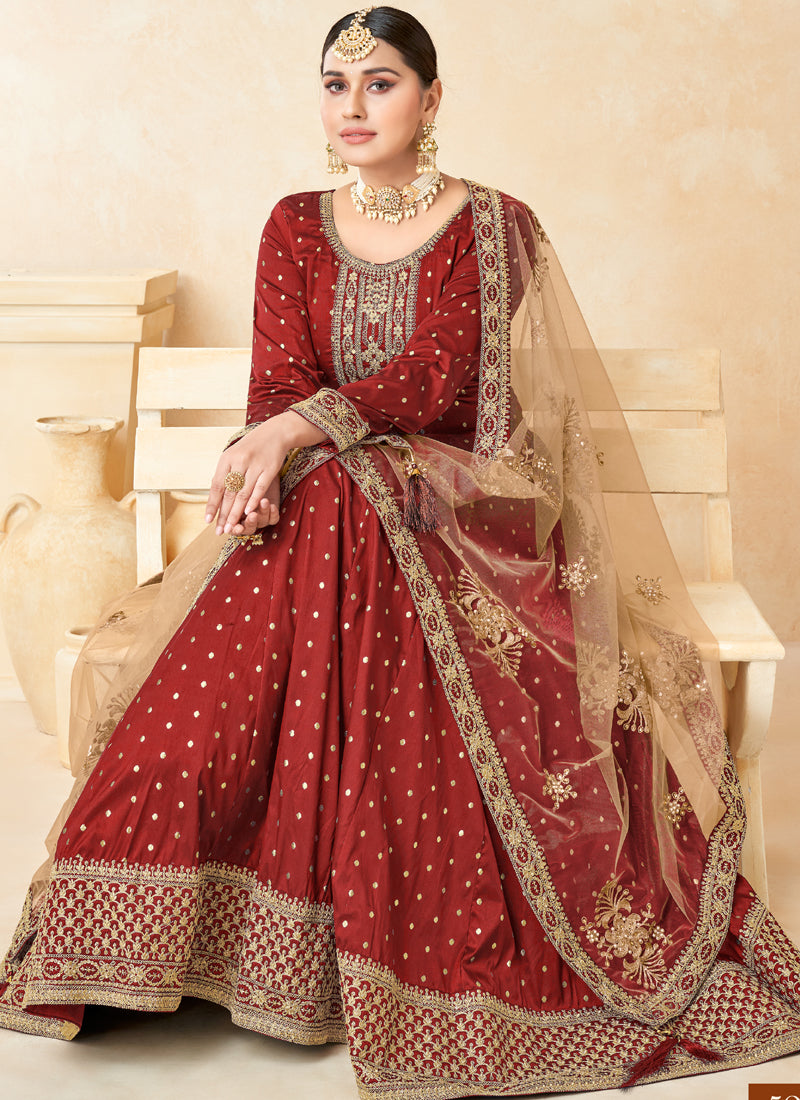 Designer Red Tafeta Silk Embroidery Anarkali Suit