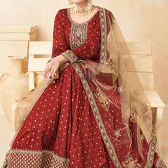 Designer Red Tafeta Silk Embroidery Anarkali Suit