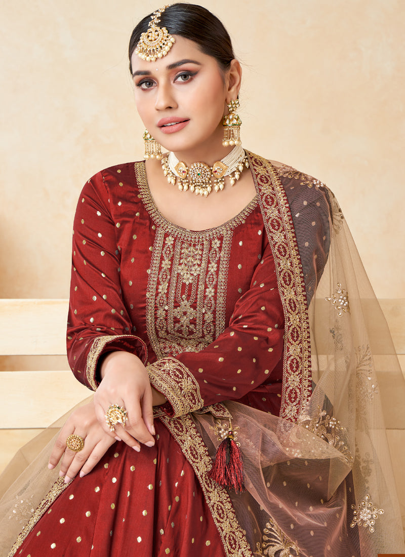 Designer Red Tafeta Silk Embroidery Anarkali Suit