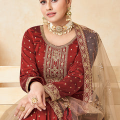 Designer Red Tafeta Silk Embroidery Anarkali Suit