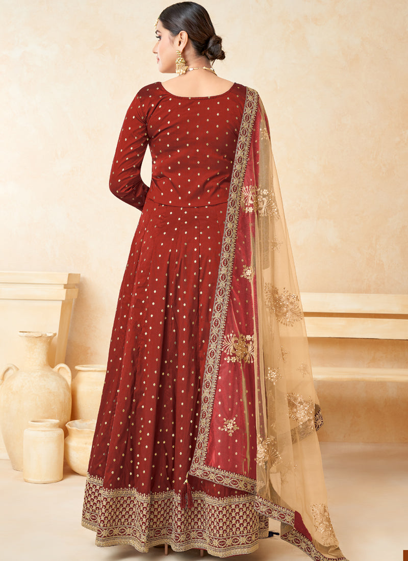 Designer Red Tafeta Silk Embroidery Anarkali Suit