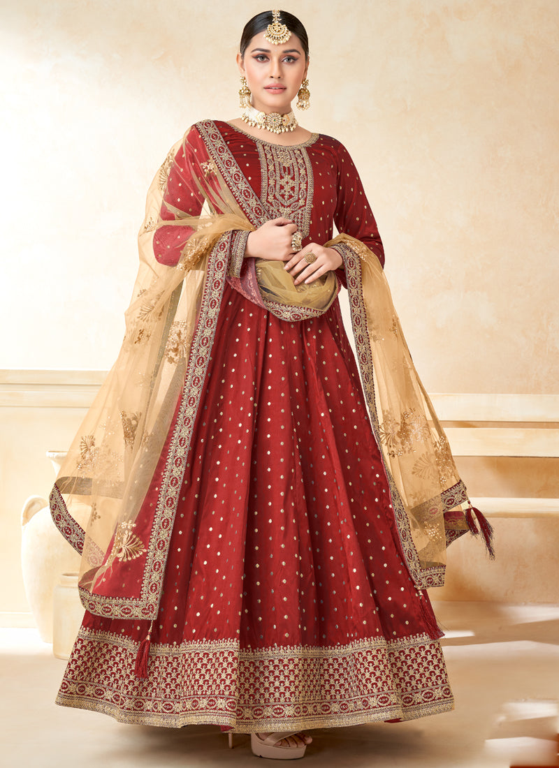 Designer Red Tafeta Silk Embroidery Anarkali Suit
