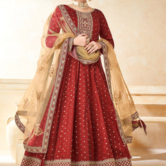 Designer Red Tafeta Silk Embroidery Anarkali Suit