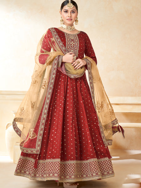 Designer Red Tafeta Silk Embroidery Anarkali Suit