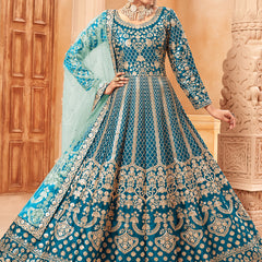 Designer Turquoise Art Silk Embroidery Anarkali Suit