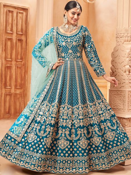 Designer Turquoise Art Silk Embroidery Anarkali Suit