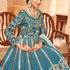 Designer Turquoise Art Silk Embroidery Anarkali Suit
