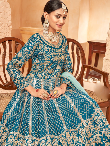 Designer Turquoise Art Silk Embroidery Anarkali Suit