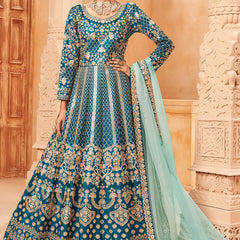 Designer Turquoise Art Silk Embroidery Anarkali Suit